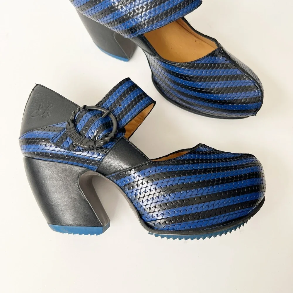 John Fluevog Mary Janes Heels 7.5 Blue Black Prepare Leader Striped Leather